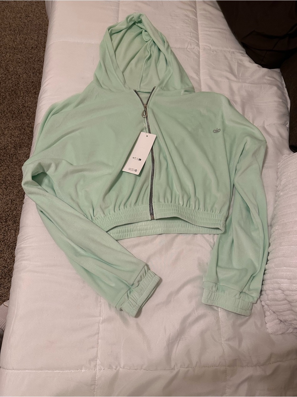 ALO Yoga Cropped Mint Green Zip Hoodie and joggers